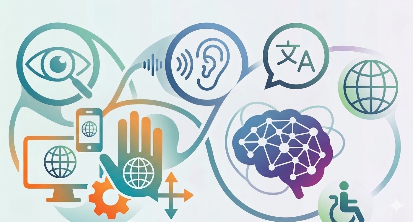Various icons and graphics as a image to illustrate accessibility, inclusion and digital learning design.