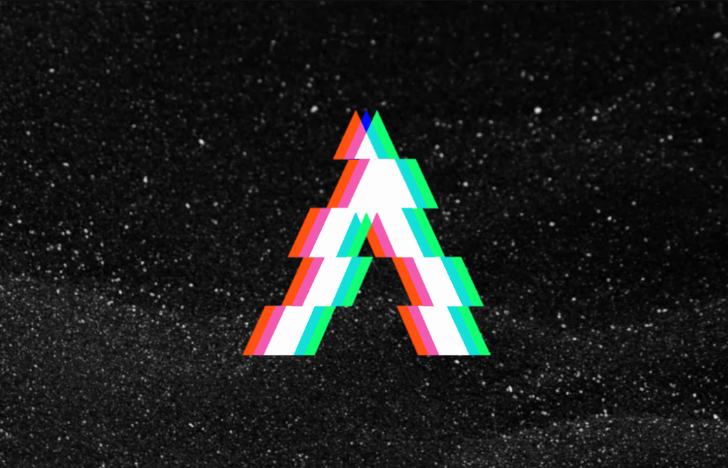 Everything Vibrations logo of a choppy carert symbol made up of green, white, and red with a blue diamond at the top over a black background with waves of white stars like sand.